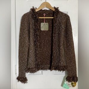 One Girl Who LADIES’ BROWN & BLUE FRINGED CARDIGAN Size SMALL NEW NWT